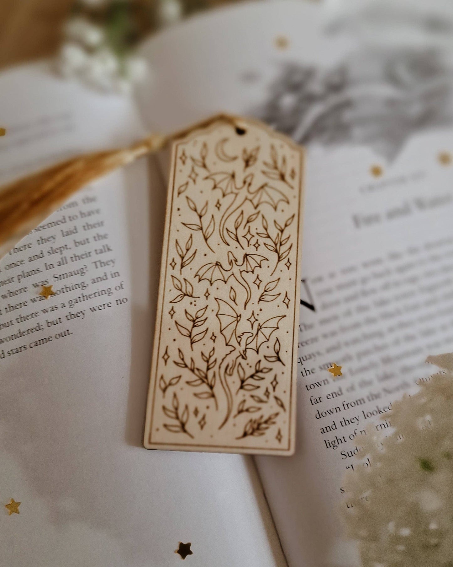 Wood engraved dragons bookmark