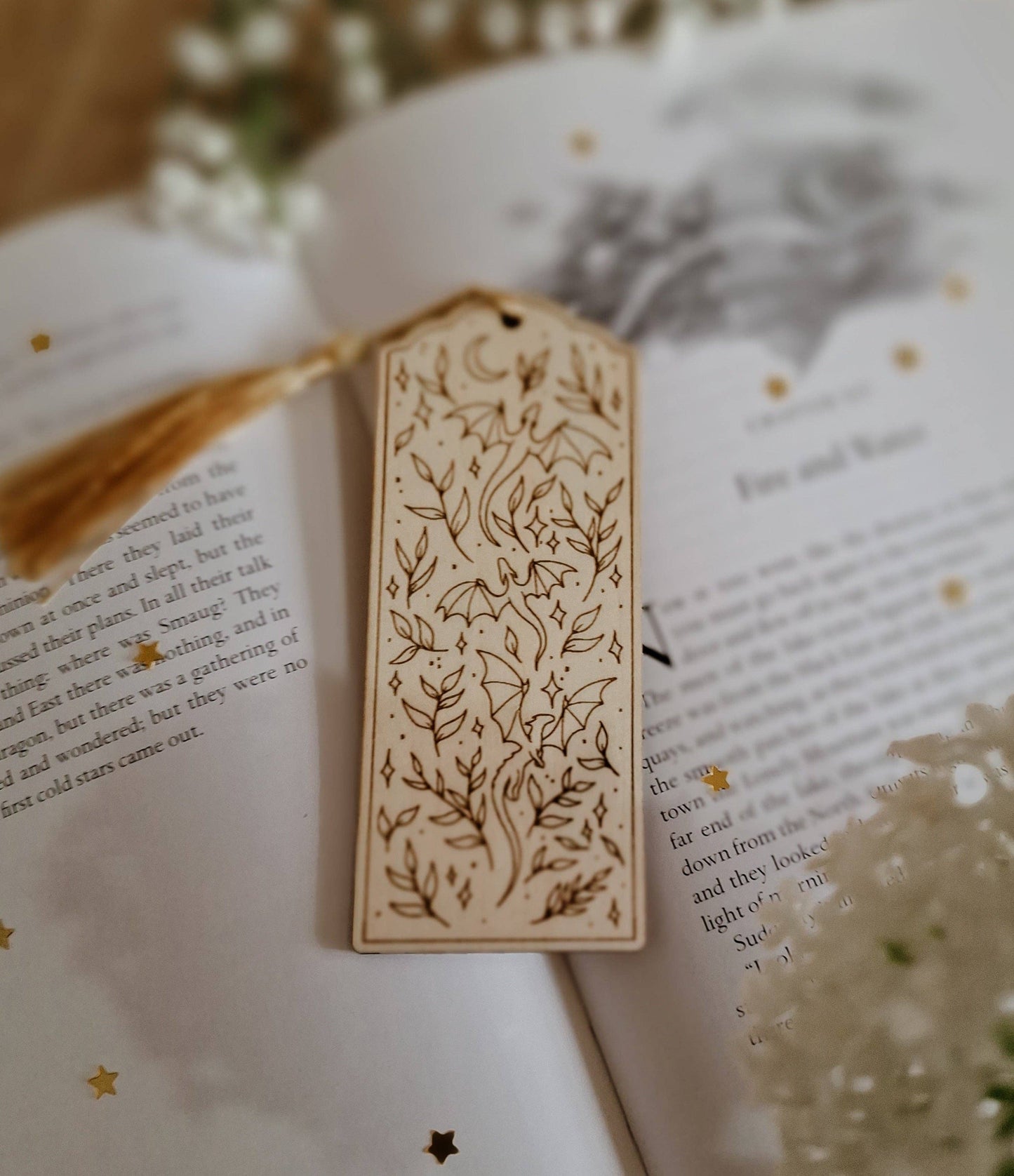 Wood engraved dragons bookmark